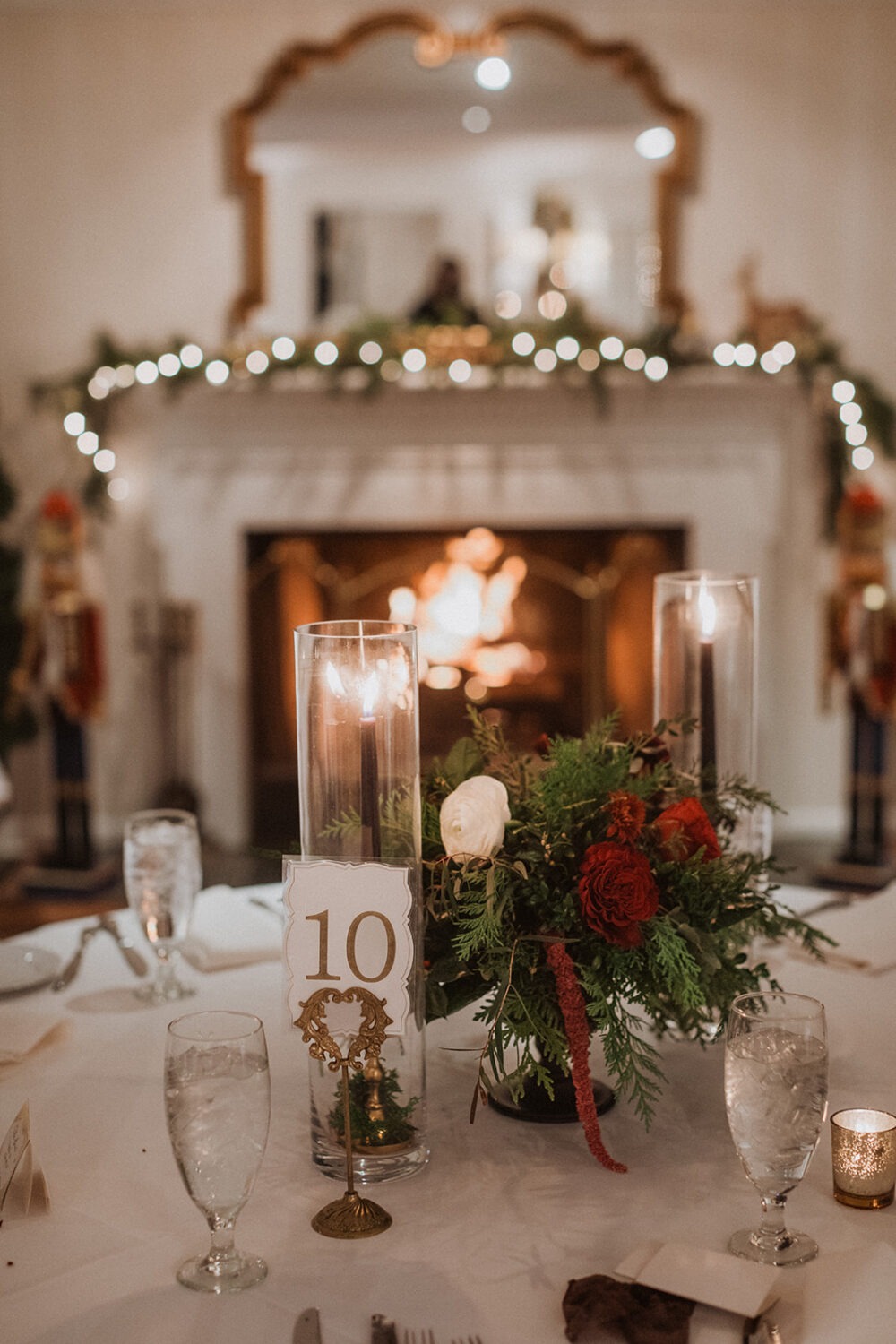 detail shot of table decor for Christmas wedding reception