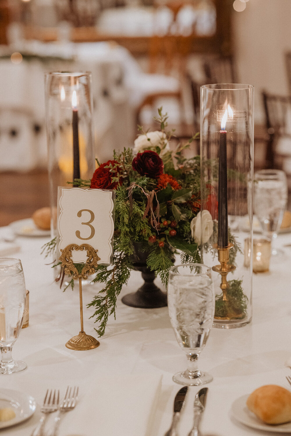 detail shot of table decor for Christmas wedding reception