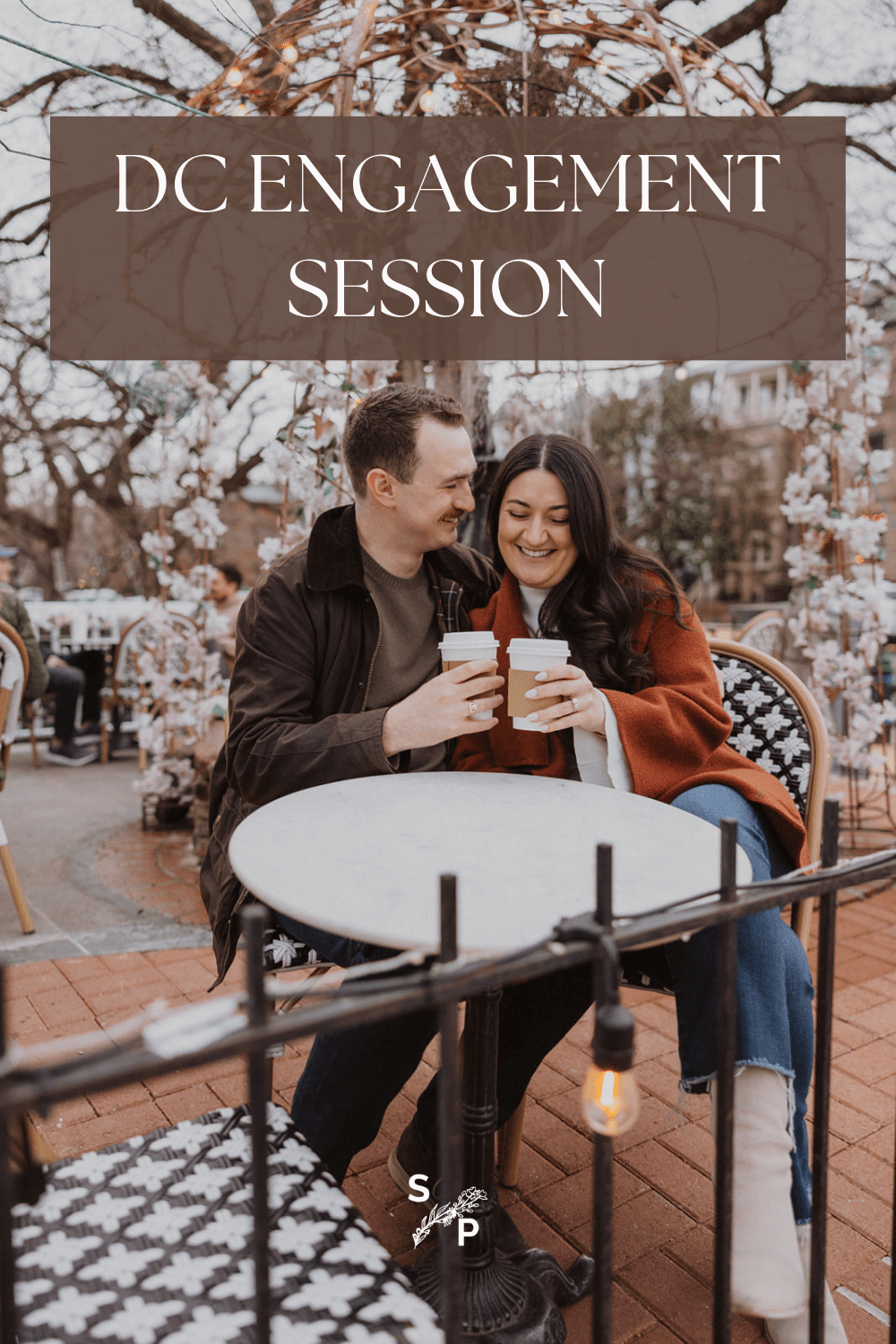 couple sitting drinking coffee during their DC engagement session