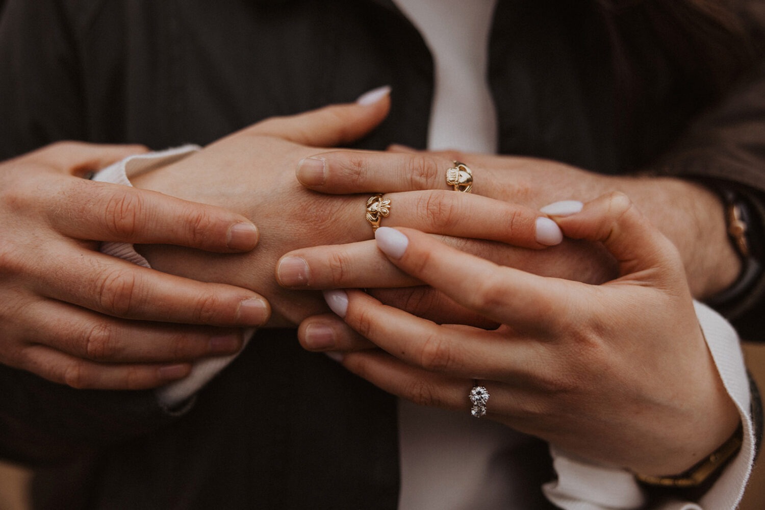 detail shot of couple showing off matching rings