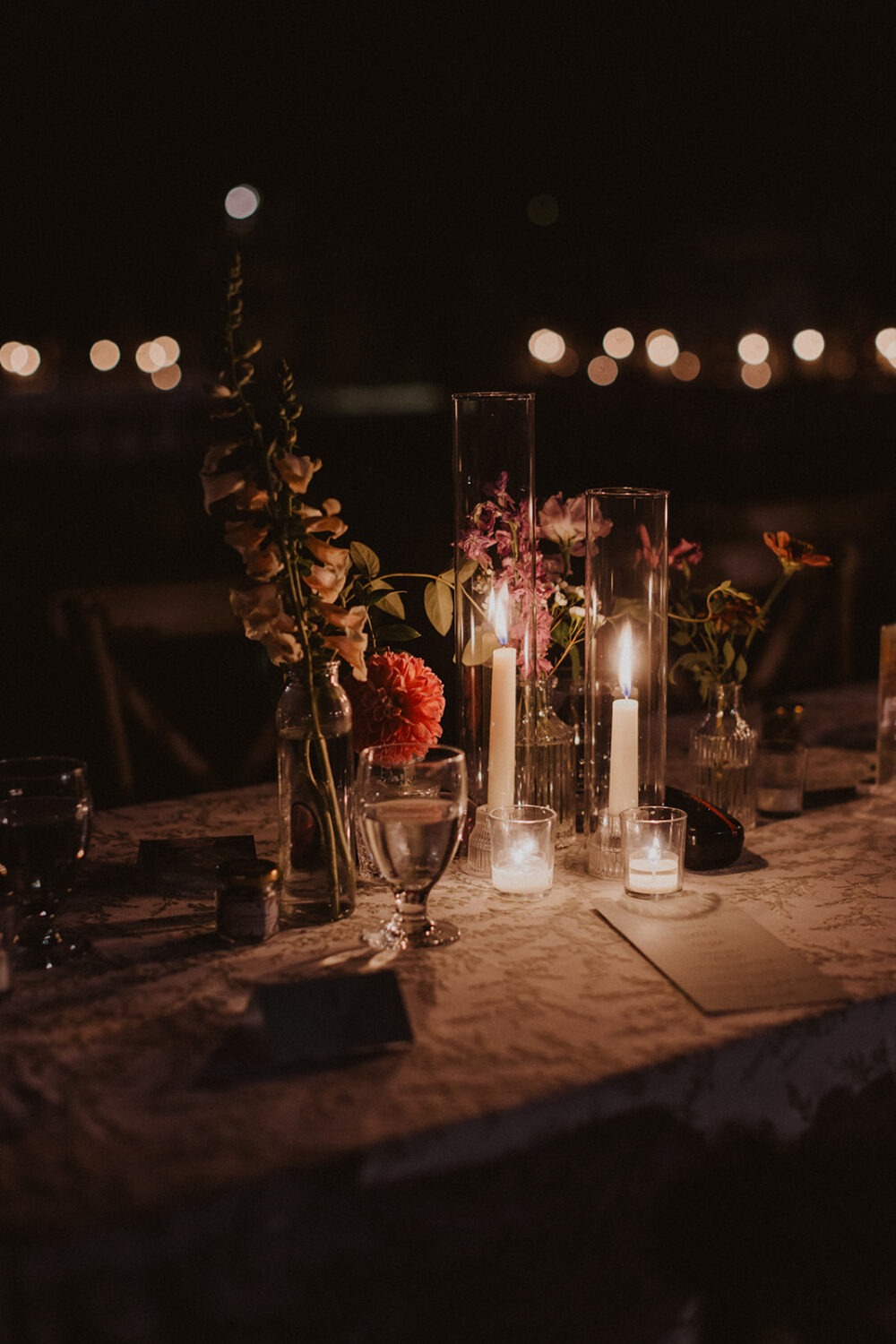 wedding table decor lit up at night