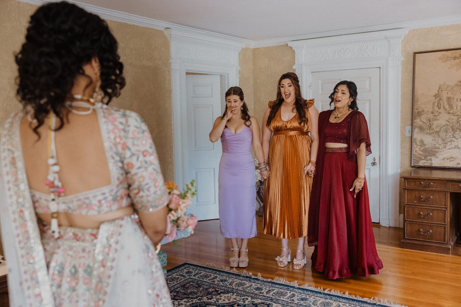 wedding dress reveal with bridesmaids