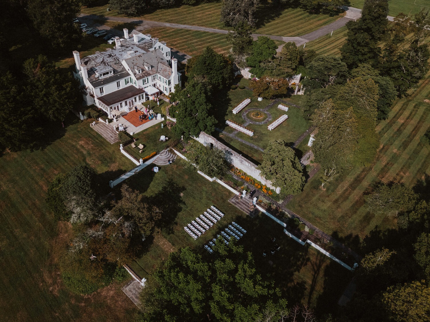overhead shot of mansion wedding venue captured by Tanner Castro Films