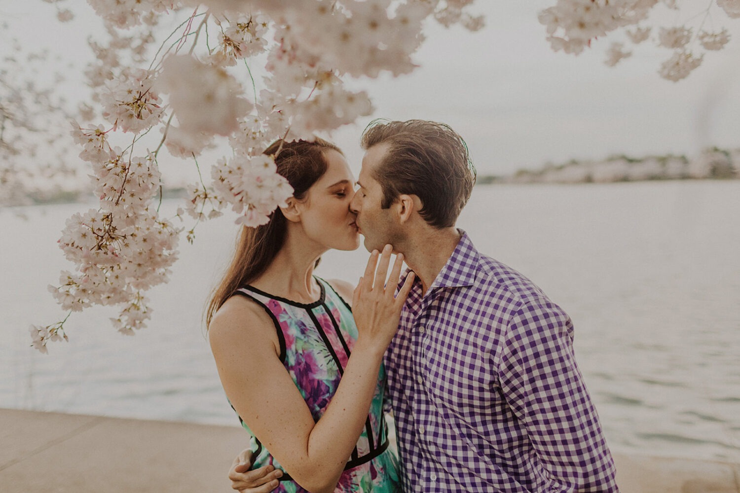 couple kiss on ledge along the water surrounded by cherry blossoms