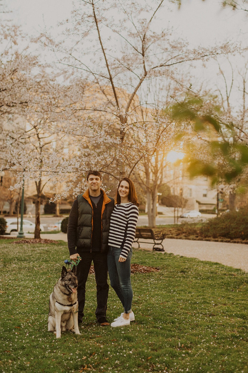 couple pose with their dog while taking DC cherry blossom photos