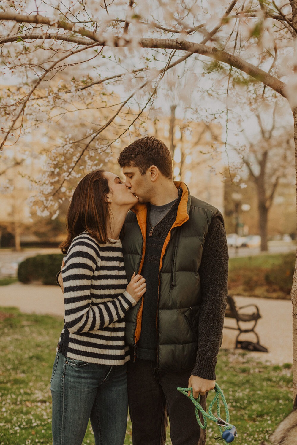 couple kiss surrounded by cherry blossom trees